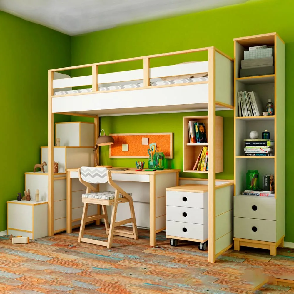 Робин Wood Лайт - белая кровать-чердак со столом и стеллажом