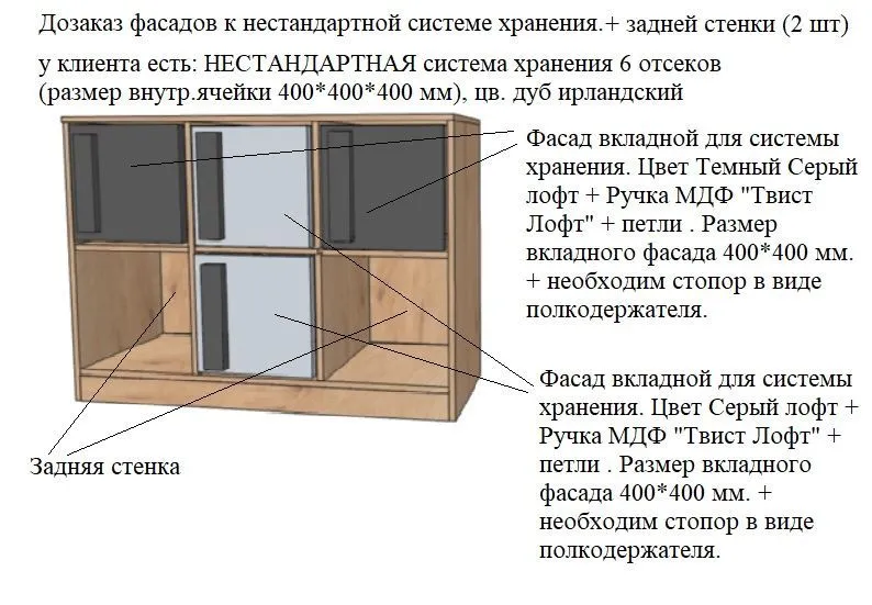 Фасад вкладной для системы хранения. Цвет Серый лофт + Ручка МДФ "Твист Лофт" + петли . Размер вкладного фасада 400*400 мм. + необходим стопор в виде полкодержателя.