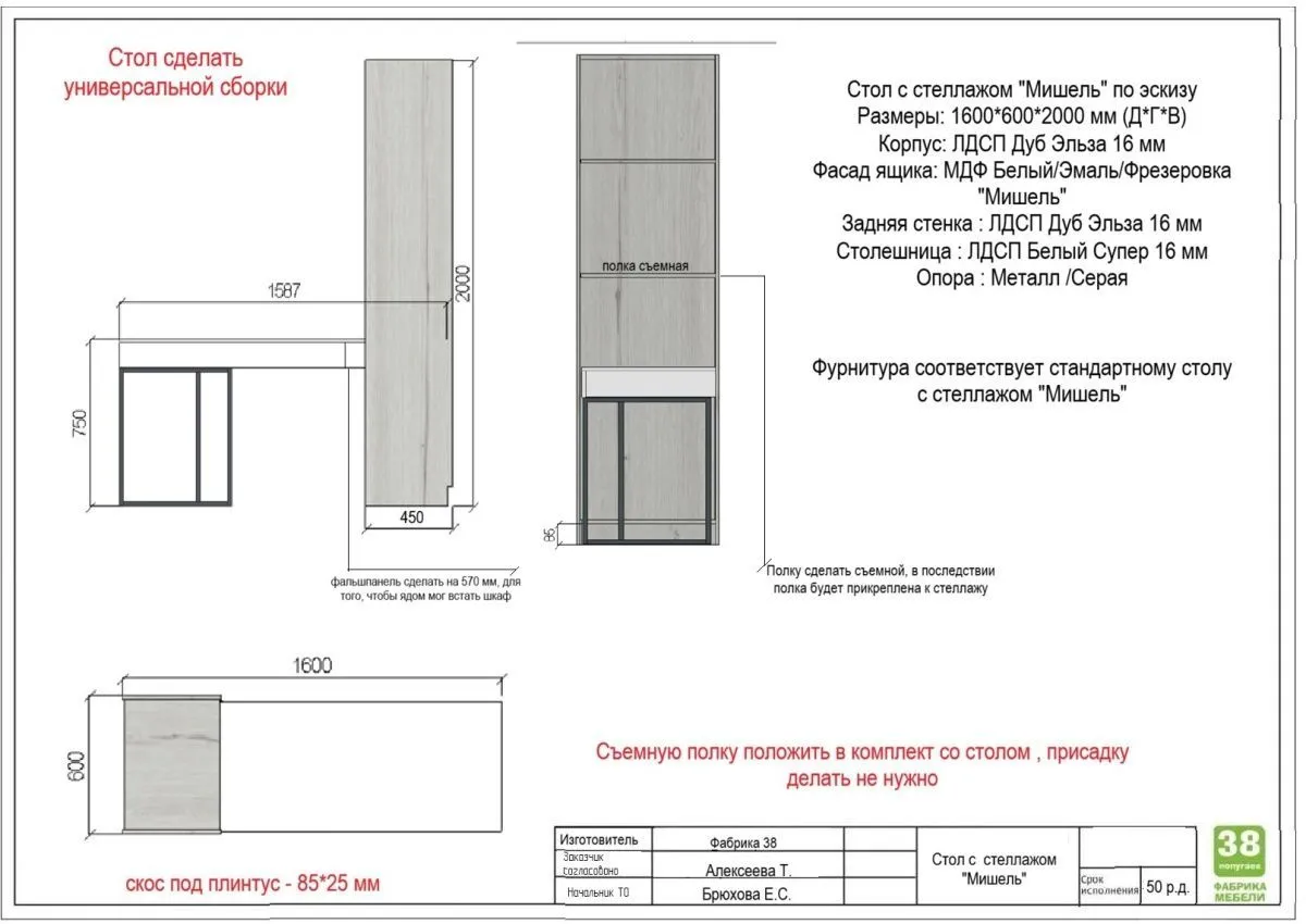 стол с стеллажом "Мишель" по эскизу Дуб Эльза/МДФ Белый 1600*600*2000 мм