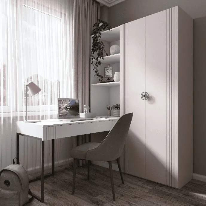 Письменный стол со встроенной полкой и розовым шкафом в современном стиле у окна