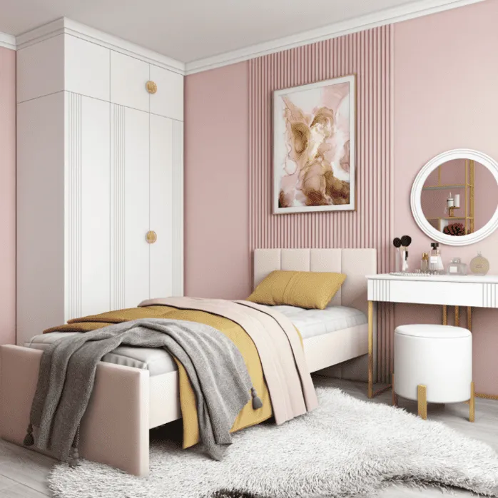 Спальня с кроватью-диваном, туалетным столиком «Мишель» и картиной ангела на розовой стене