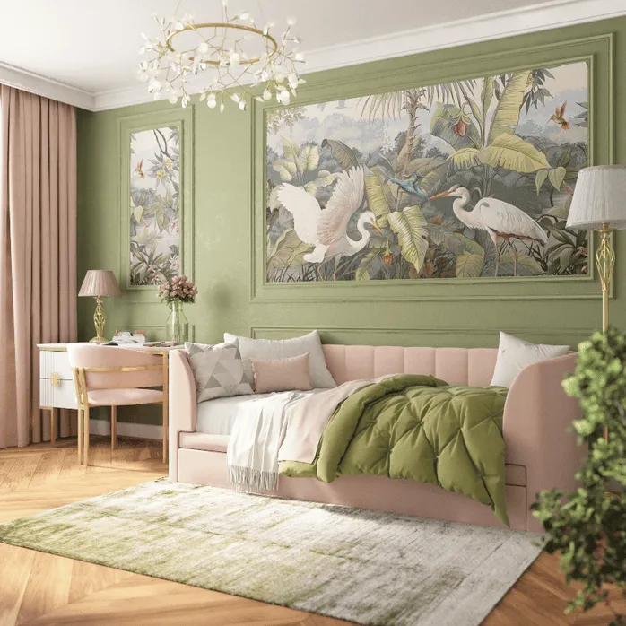 Уютная детская комната с зелеными стенами, пастельной кроватью и тропической картиной над ней