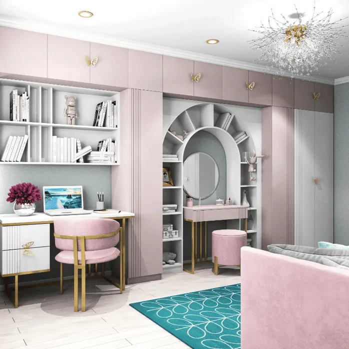 Розовая детская комната с письменным столом, туалетным столиком и встроенным шкафом