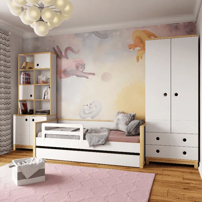 Детская комната с белой кроватью-трансформером, шкафом и книжным стеллажем на фоне пастельных обоев