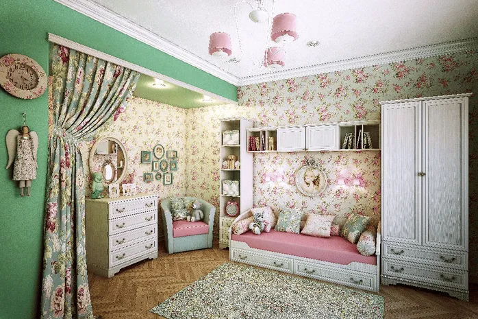 Детская комната в стиле прованс с цветочными обоями, белой корпусной мебелью и розовым диваном-кроватью