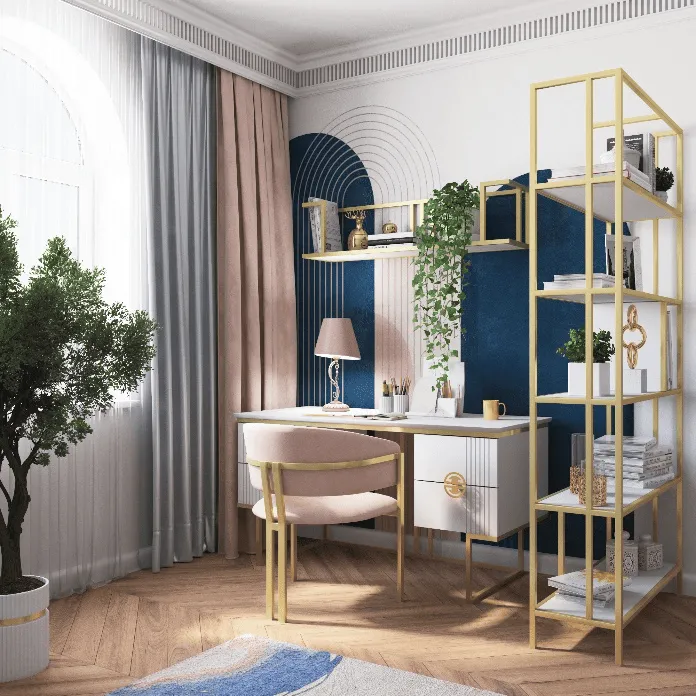 Рабочий уголок с письменным столом «Мишель Фрост» на золотых ножках, розовым стулом и высоким стеллажом