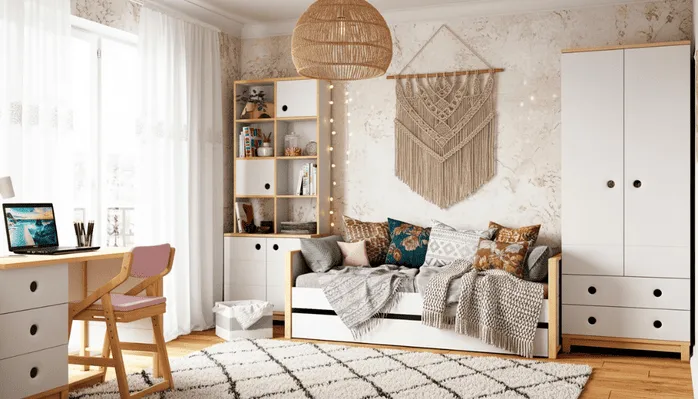 Современная детская комната с белой диван-кроватью</em><em>«Робин Лайт», письменным столом и плетеным светильником