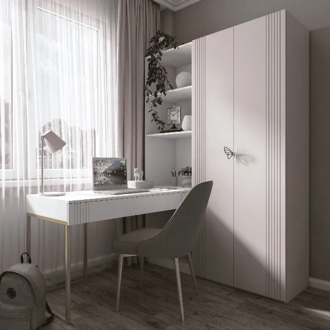 Рабочая зона с письменным столом «Робин Лайт» на золотых ножках и розовым шкафом