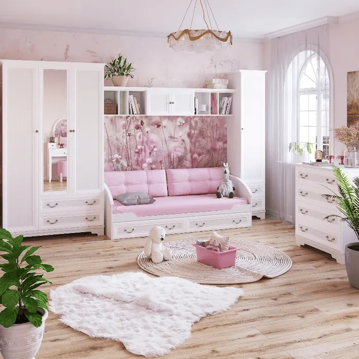 Розовая детская комната с диваном-кроватью, белым шкафом и туалетным столиком в зеркальной нише
