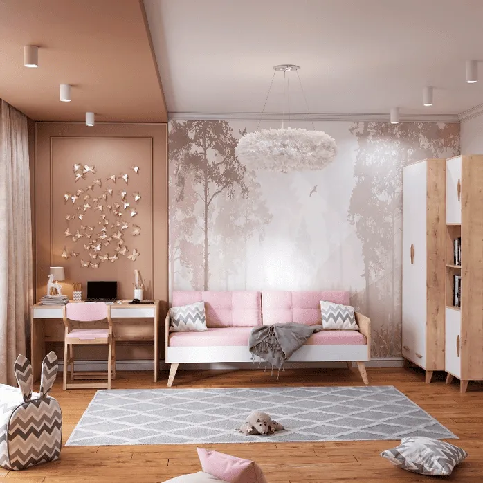 Детская комната с диваном, письменным столом и шкафом на фоне пыльно-розовых стен