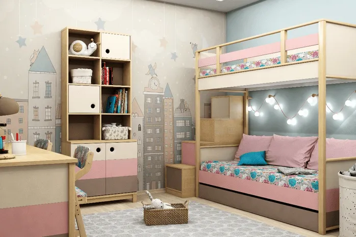 Двухъярусная кровать «Робин Лайт» с нижним диваном, розовой отделкой и гирляндой над спальным местом