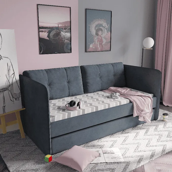 Серый диван-кровать в современной детской комнате с картинами на стене