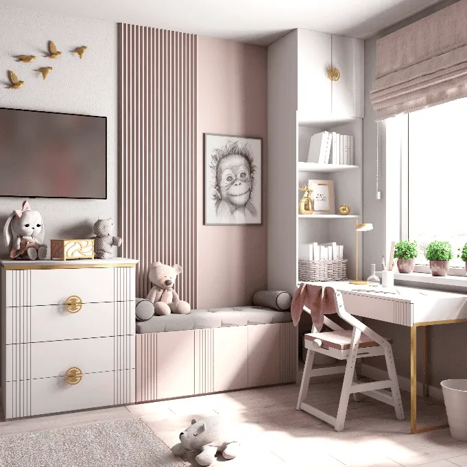 Угловая зона отдыха в детской комнате: окно, подоконник-диван, письменный стол и тумба с ящиками