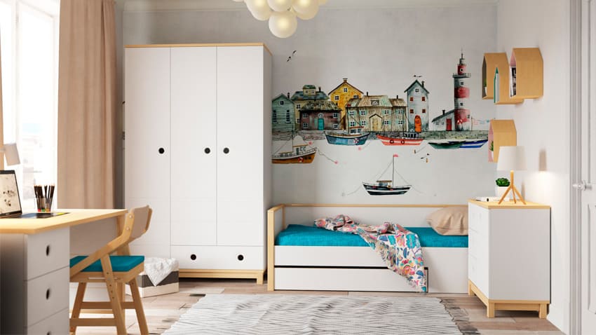 Оформление детской комнаты с белой мебелью