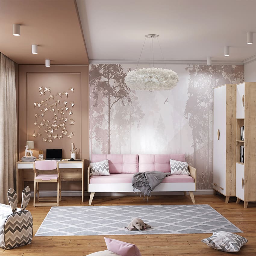Яркий дизайн проект детской комнаты для 2 сестричек с практичной мебелью